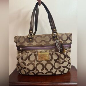 Coach #15331 Poppy Signature Canvas Shoulder Bag in Brown with Purple Trim